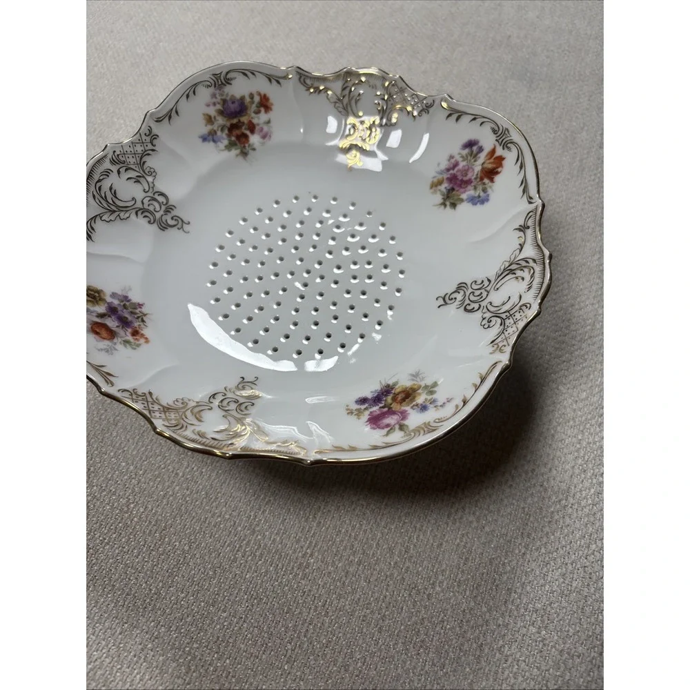 Antique Saxe Porcelain Berry Bowl Strainer Colander Footed Floral Gold
